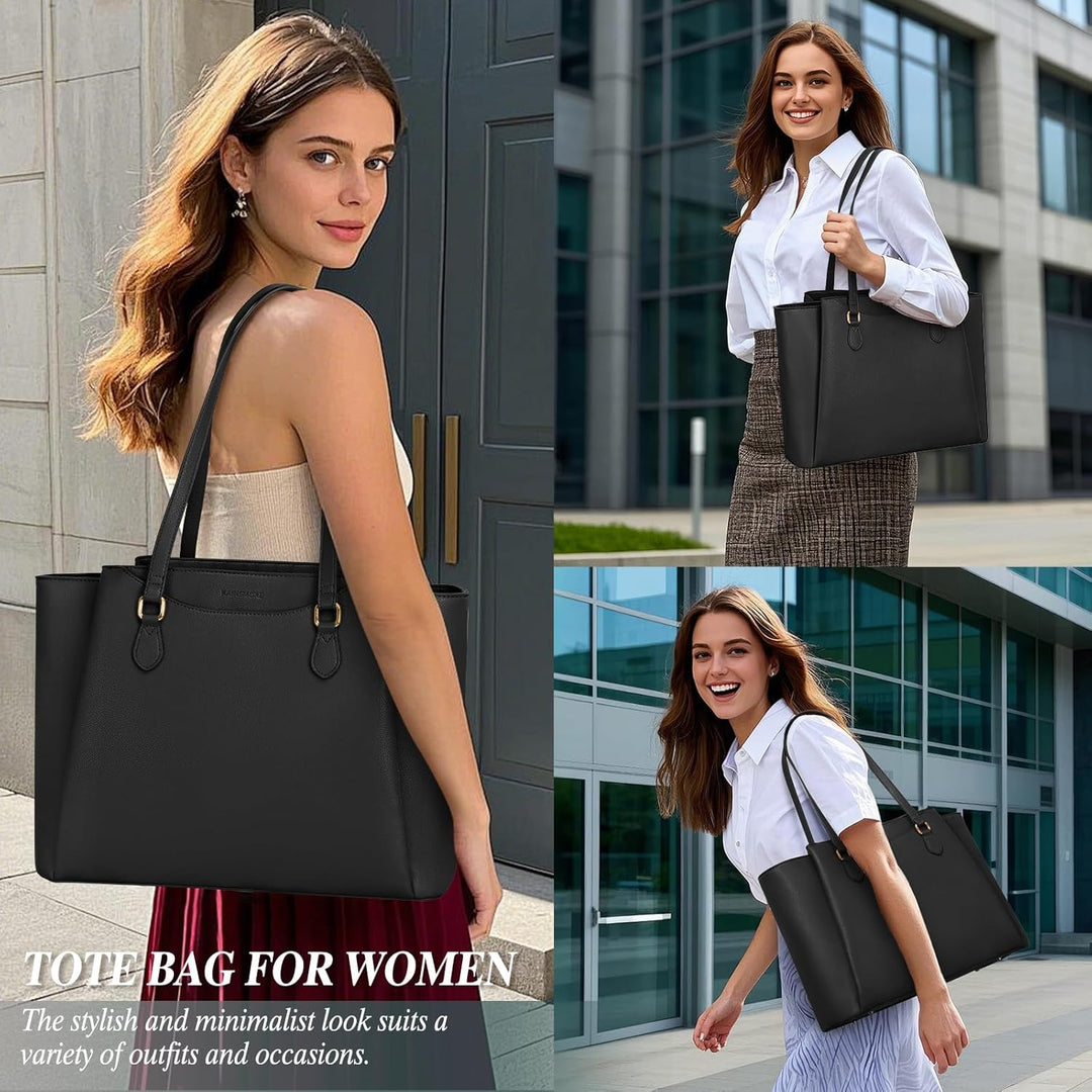 RAINSMORE Laptop Tote Bags for Women 15.6 Inch, PU Leather Ladies Laptop Handbags with Clutch, Large Shoulder Work Bag for School Office Business Black
