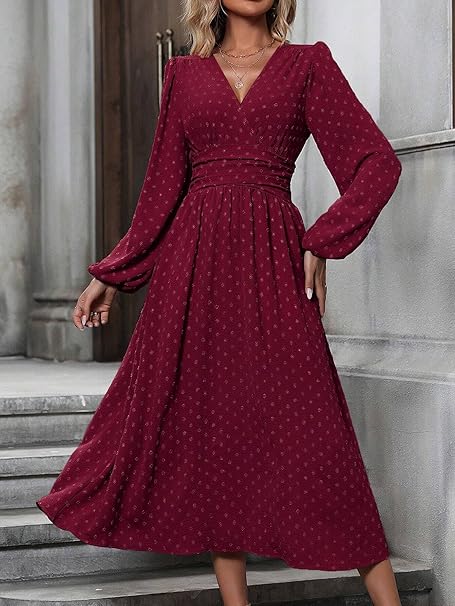 Casual Wrap Dresses for Women UK Elegante Ladies V Neck Long Lantern Sleeve Ruffled Waist Maxi Party Dress