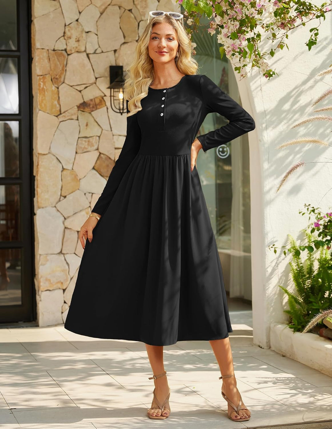 GRACE KARIN Long Sleeve Jumper Dress with Pockets, Crew Neck Button Down Winter Dresses for Women UK, Wedding Guest Prom Dress Elegant