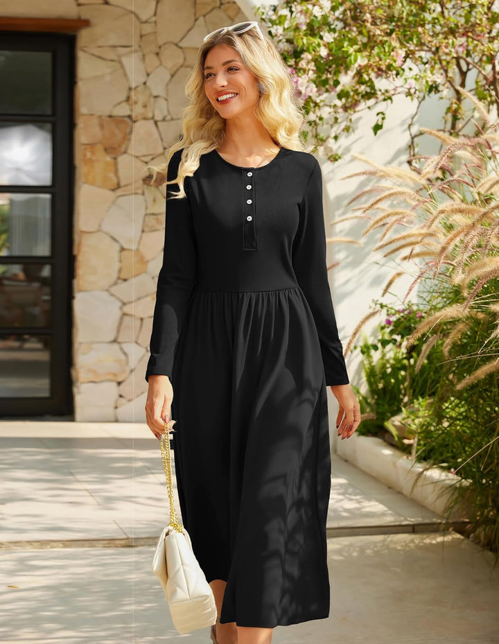 GRACE KARIN Long Sleeve Jumper Dress with Pockets, Crew Neck Button Down Winter Dresses for Women UK, Wedding Guest Prom Dress Elegant