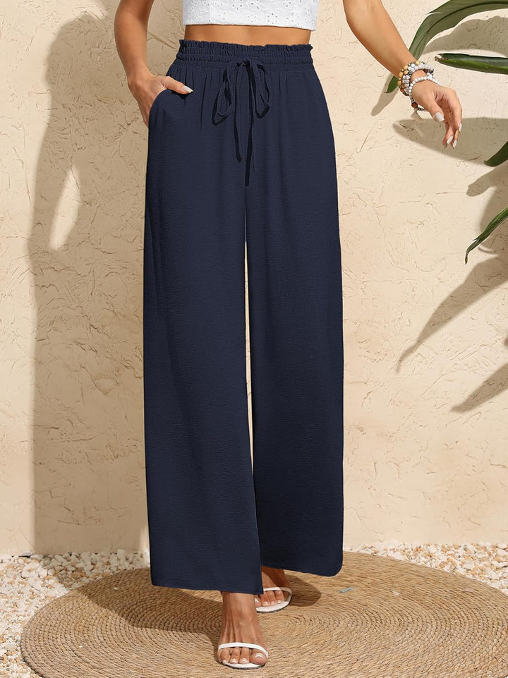 Women Trousers Elasticated High Waist Wide Leg Pants with Pockets Ladies Elegant Loose Lounge Palazzo Pants