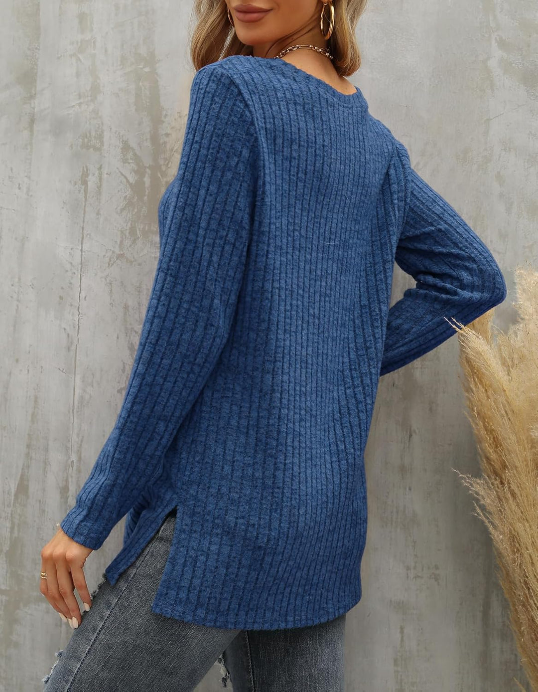 Odosalii Womens Tops Casual Striped Sweaters Crewneck Ribbed Long Sleeve Shirts Side Split Pullover Jumper