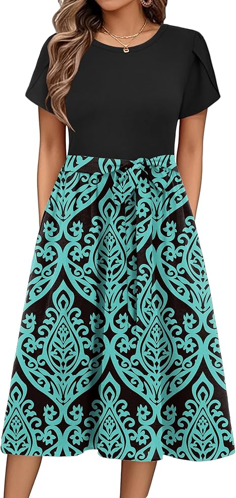 Zeagoo Summer Dresses for Women UK Short Sleeve Crew Neck Sundress Casual Floral Wrap Waist Dress Swing Beach Midi Dresses with Pockets