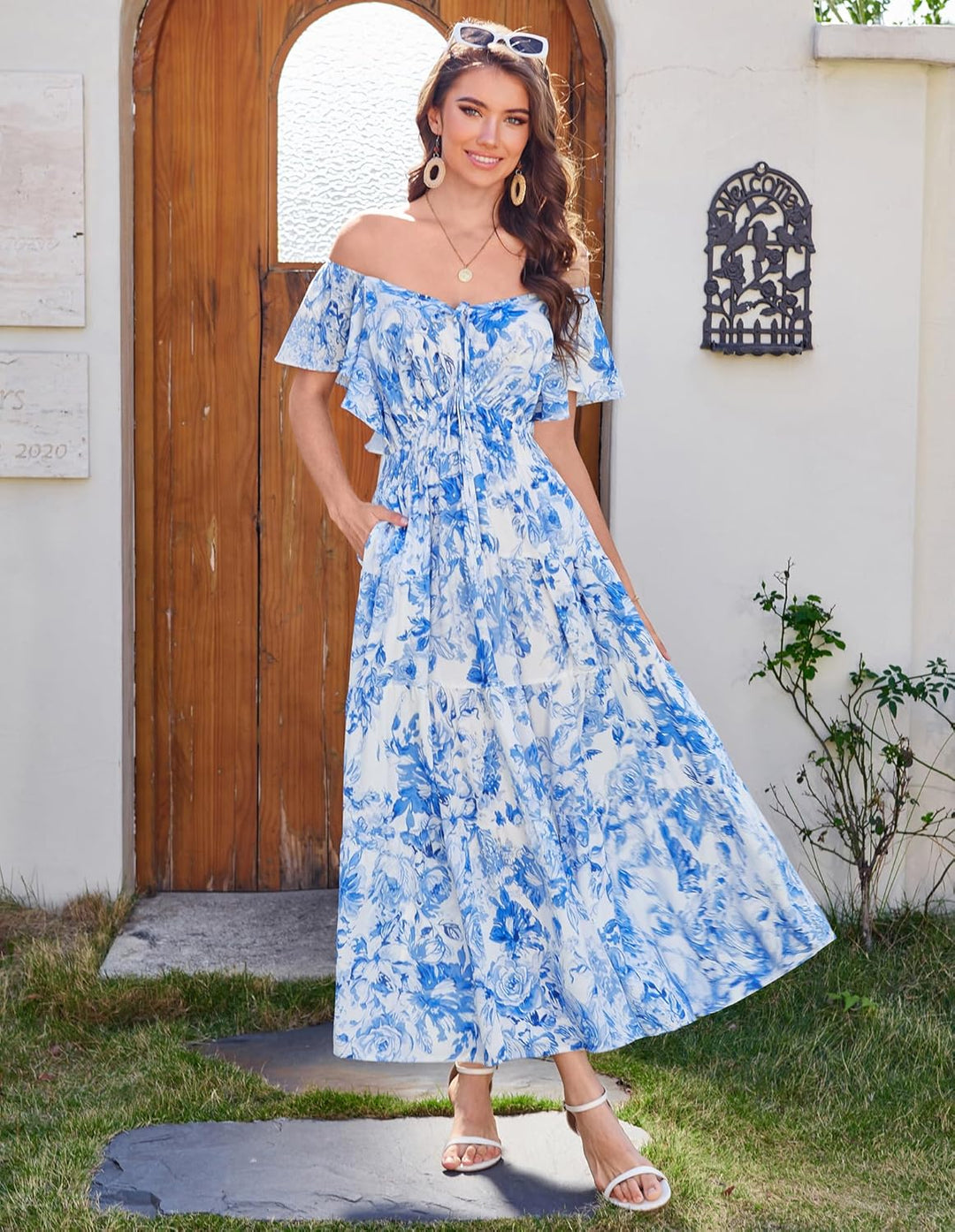 GRACE KARIN Women Elegant Summer Floral Dress Maxi Dress Ruffle Sleeve V Neck Sundress