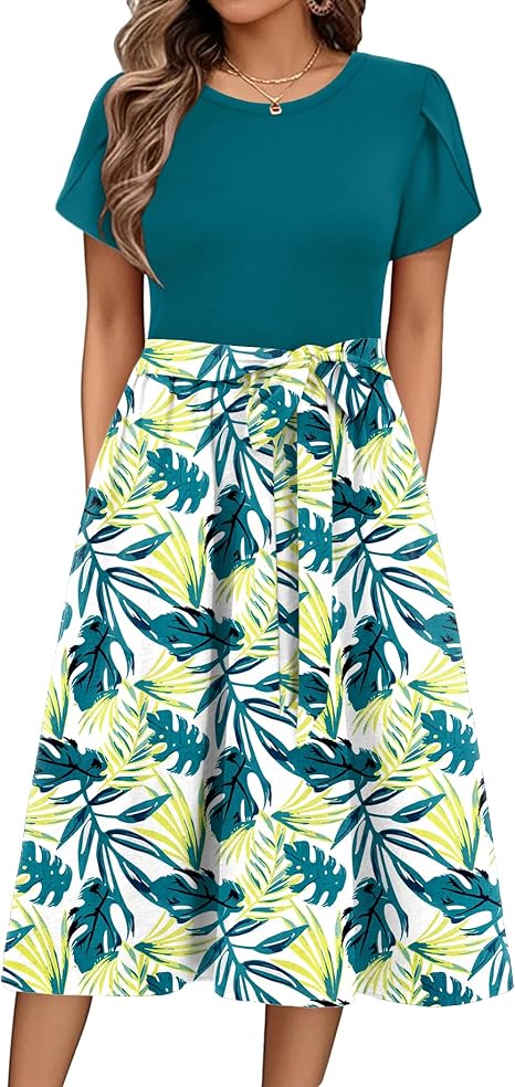 Zeagoo Summer Dresses for Women UK Short Sleeve Crew Neck Sundress Casual Floral Wrap Waist Dress Swing Beach Midi Dresses with Pockets