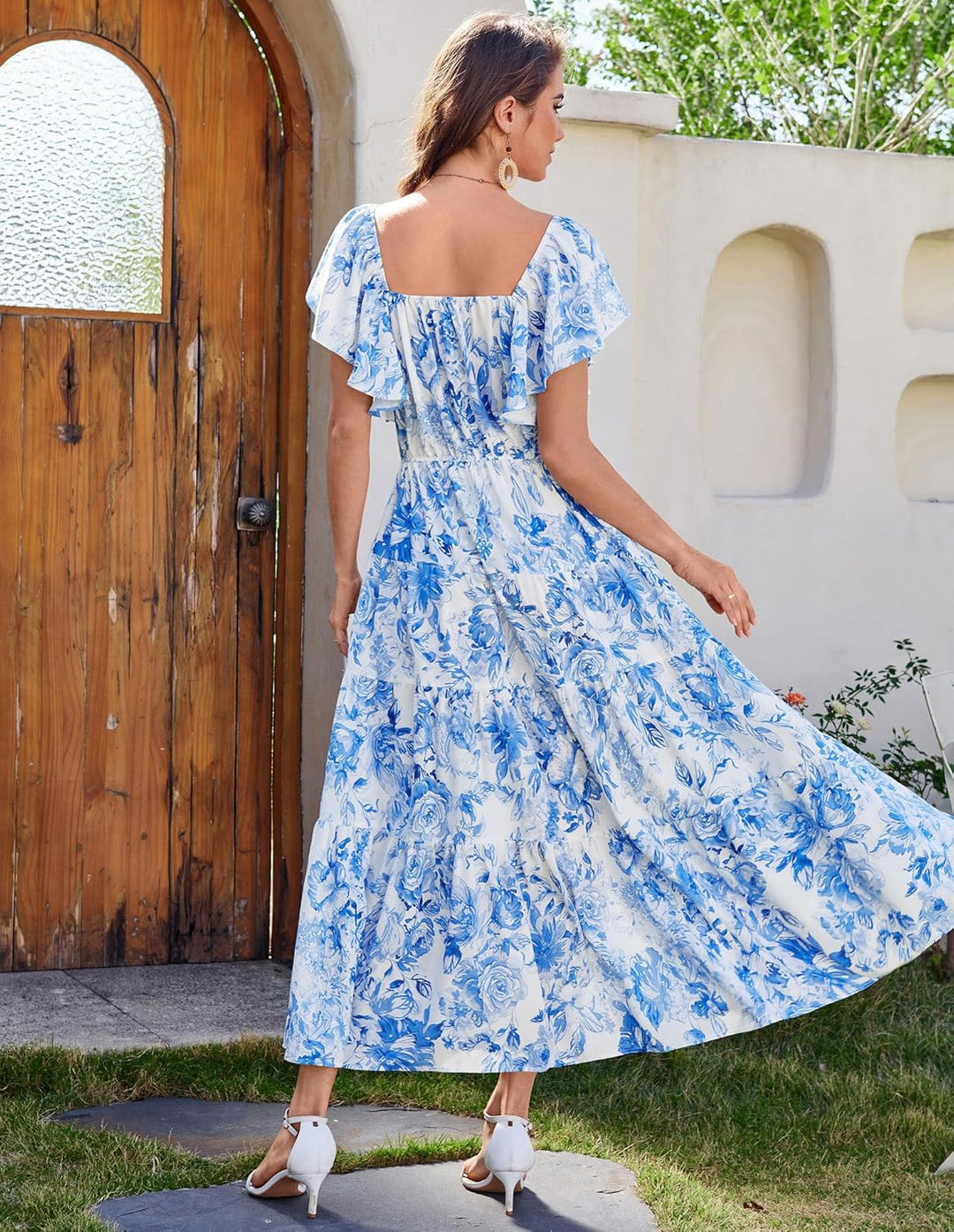 GRACE KARIN Women Elegant Summer Floral Dress Maxi Dress Ruffle Sleeve V Neck Sundress