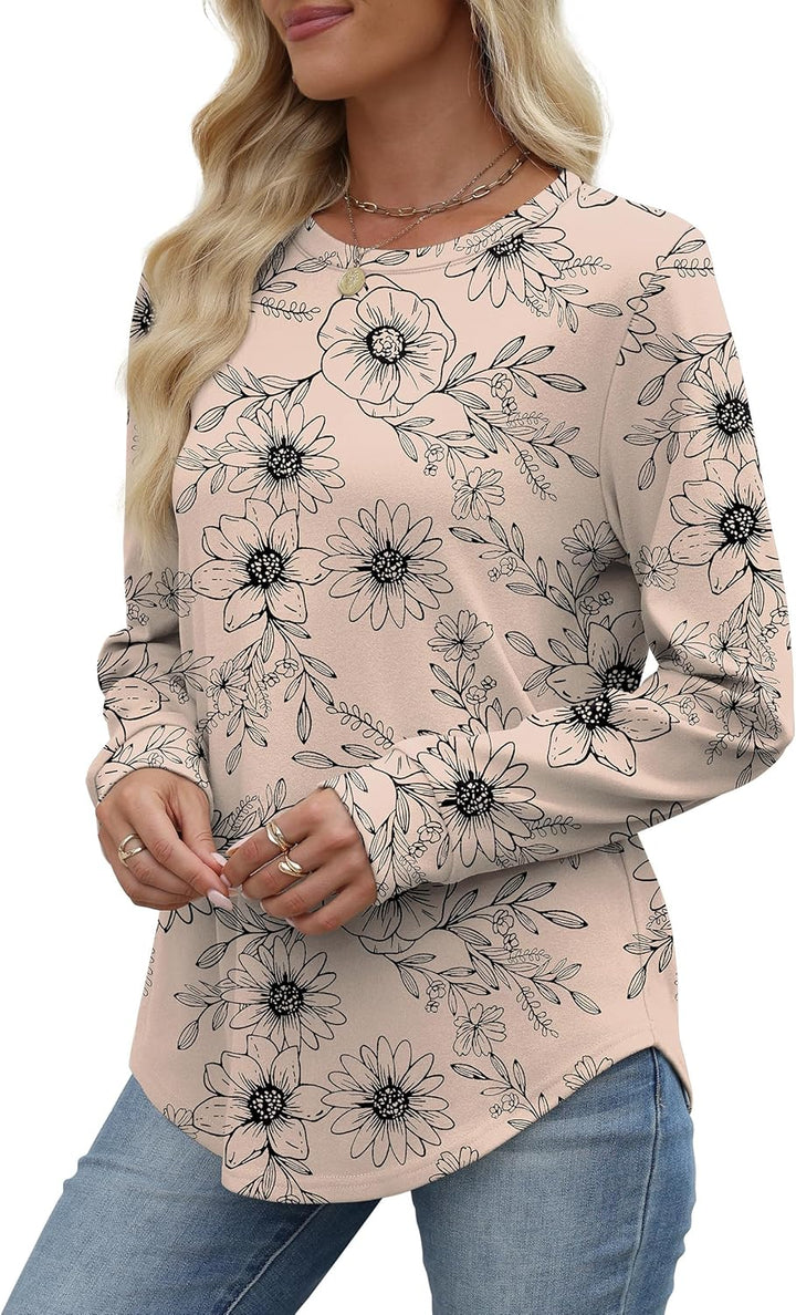 WIHOLL Sweatshirts for Women UK Crewneck Long Sleeve Tops Womens Lightweight Jumpers Curved Hem Tunic Shirts