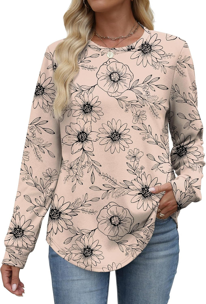 WIHOLL Sweatshirts for Women UK Crewneck Long Sleeve Tops Womens Lightweight Jumpers Curved Hem Tunic Shirts