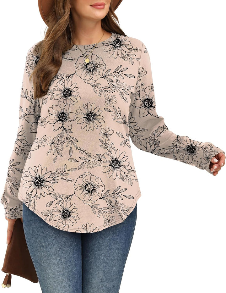 WIHOLL Sweatshirts for Women UK Crewneck Long Sleeve Tops Womens Lightweight Jumpers Curved Hem Tunic Shirts