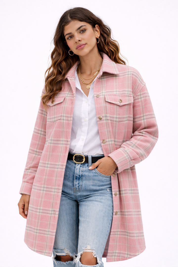 KISSMODA Womens Plaid Shacket Jacket Long Corduroy Shirts Casual Lapel Button Down Flannel Trench Coats with Side Pockets