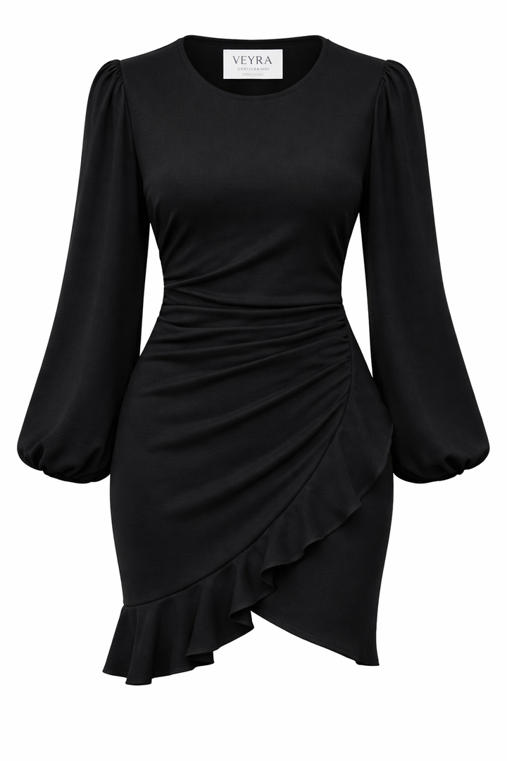 Dresses for Women UK Elegant Cocktail Dresses Long Puff Sleeve Bodycon Ruffle Hem Ladies Evening Party Formal Business Dress