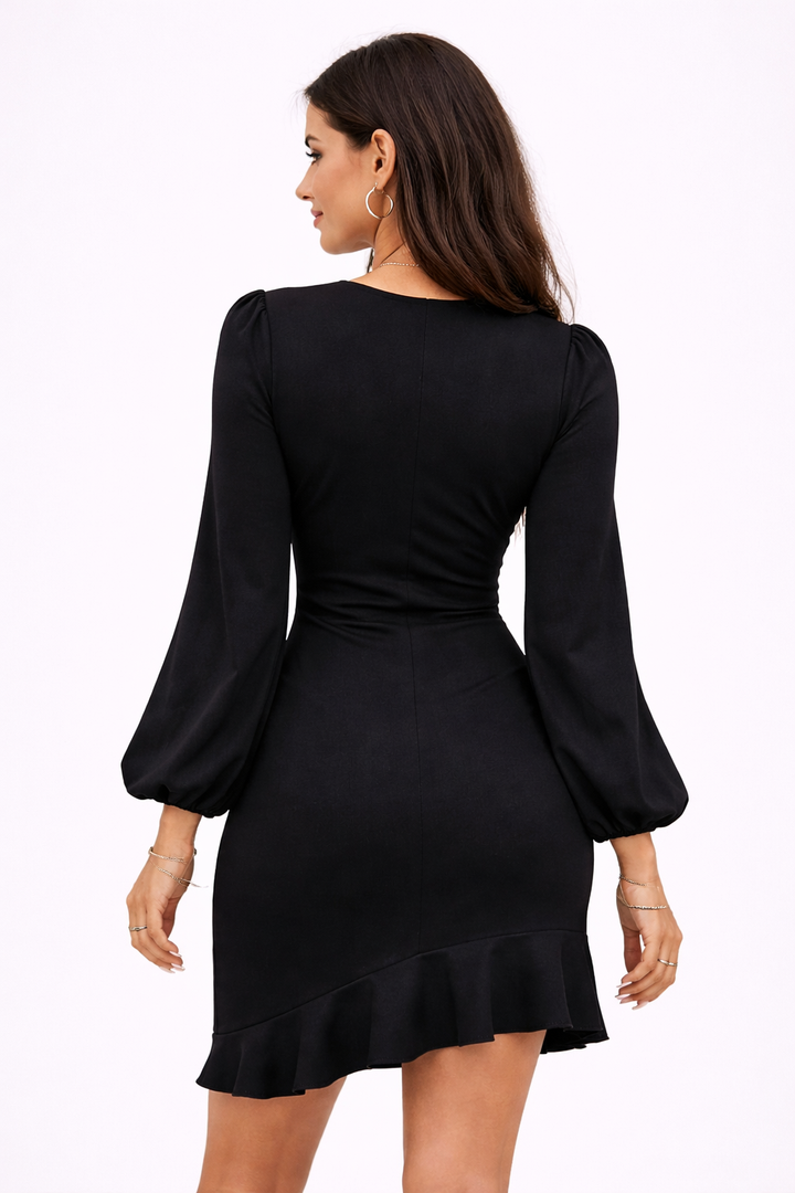 Dresses for Women UK Elegant Cocktail Dresses Long Puff Sleeve Bodycon Ruffle Hem Ladies Evening Party Formal Business Dress