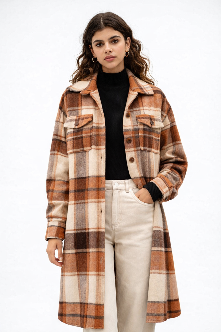 KISSMODA Womens Plaid Shacket Jacket Long Corduroy Shirts Casual Lapel Button Down Flannel Trench Coats with Side Pockets