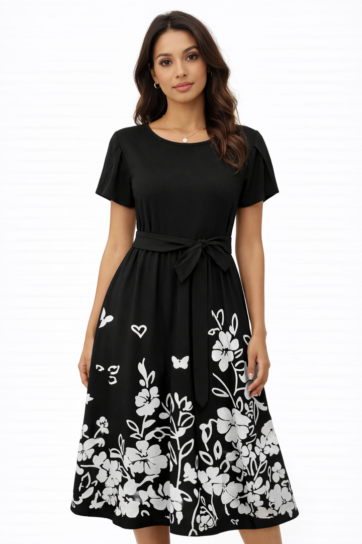 Zeagoo Summer Dresses for Women UK Short Sleeve Crew Neck Sundress Casual Floral Wrap Waist Dress Swing Beach Midi Dresses with Pockets
