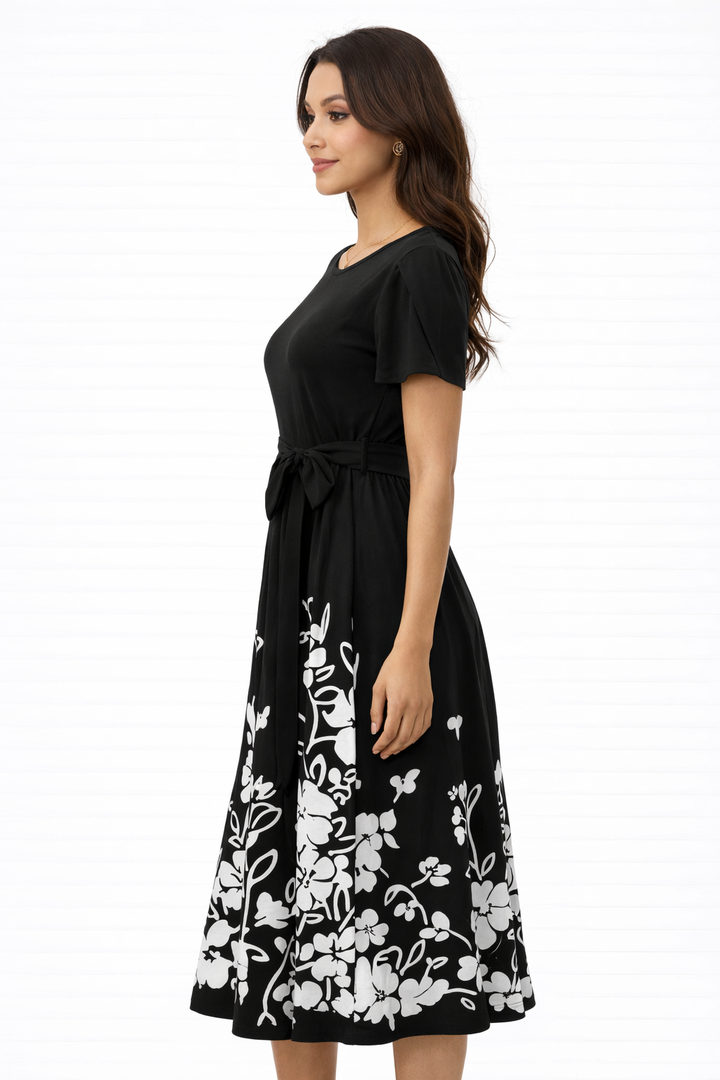 Zeagoo Summer Dresses for Women UK Short Sleeve Crew Neck Sundress Casual Floral Wrap Waist Dress Swing Beach Midi Dresses with Pockets