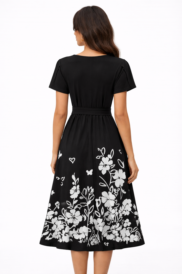 Zeagoo Summer Dresses for Women UK Short Sleeve Crew Neck Sundress Casual Floral Wrap Waist Dress Swing Beach Midi Dresses with Pockets