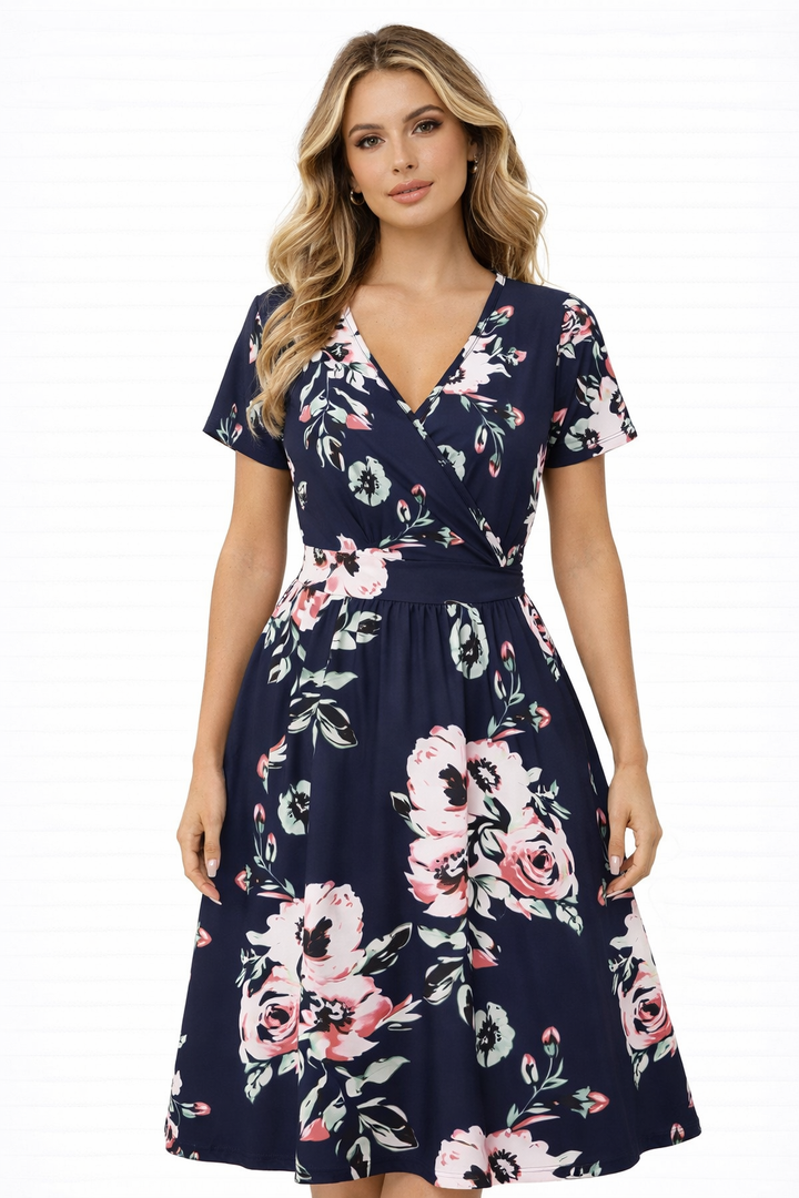 VOTEPRETTY Women's Short Sleeve V Neck Wrap Summer Dress Casual Floral Sundress with Pockets