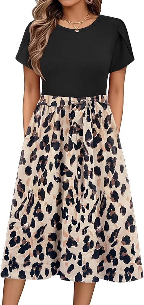 Zeagoo Summer Dresses for Women UK Short Sleeve Crew Neck Sundress Casual Floral Wrap Waist Dress Swing Beach Midi Dresses with Pockets
