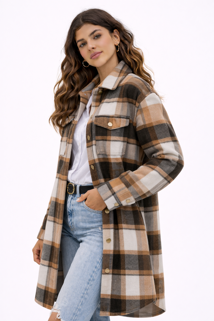 KISSMODA Womens Plaid Shacket Jacket Long Corduroy Shirts Casual Lapel Button Down Flannel Trench Coats with Side Pockets