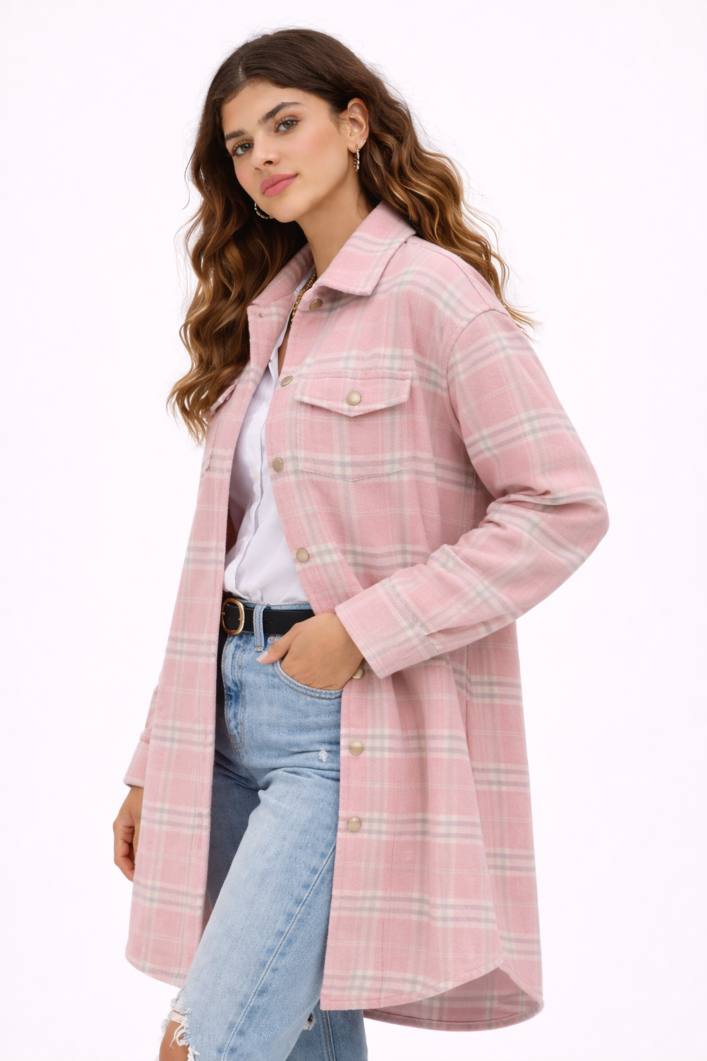 KISSMODA Womens Plaid Shacket Jacket Long Corduroy Shirts Casual Lapel Button Down Flannel Trench Coats with Side Pockets