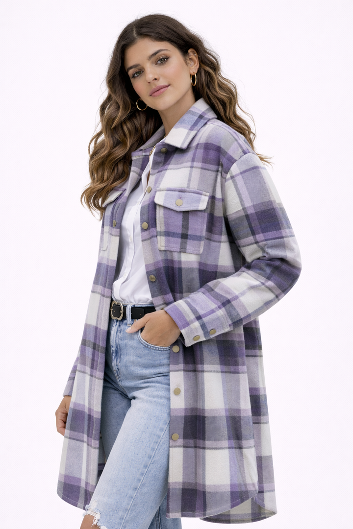 KISSMODA Womens Plaid Shacket Jacket Long Corduroy Shirts Casual Lapel Button Down Flannel Trench Coats with Side Pockets