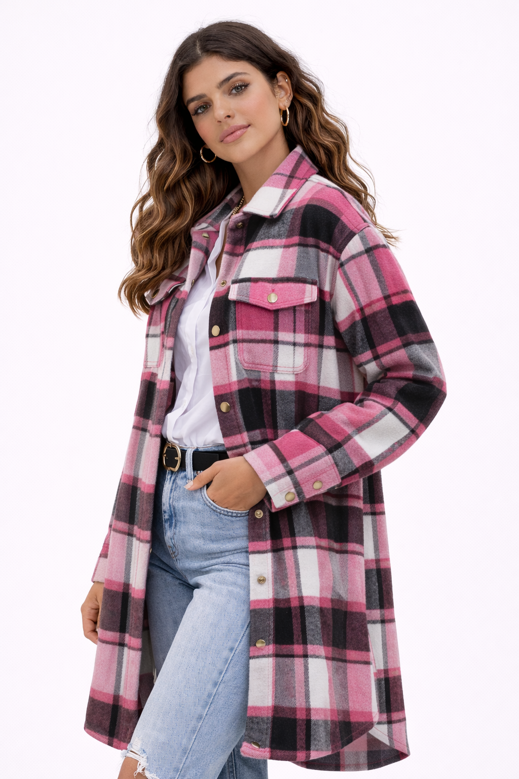 KISSMODA Womens Plaid Shacket Jacket Long Corduroy Shirts Casual Lapel Button Down Flannel Trench Coats with Side Pockets