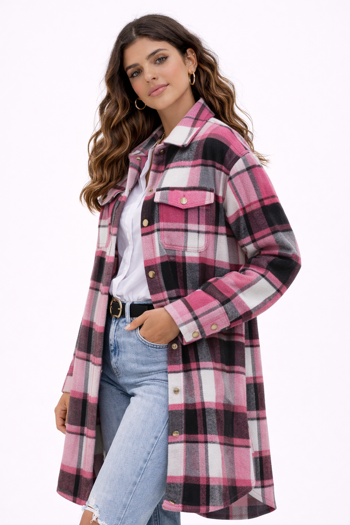 KISSMODA Womens Plaid Shacket Jacket Long Corduroy Shirts Casual Lapel Button Down Flannel Trench Coats with Side Pockets